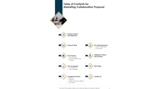 Table Of Contents For Marketing Collaboration Proposal One Pager Sample Example Document Table Of Contents For Marketing Collaboration Proposal One Pager Sample Example Document