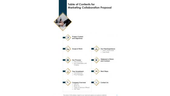 Table Of Contents For Marketing Collaboration Proposal One Pager Sample Example Document