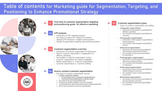 Table Of Contents For Marketing Guide Segmentation Targeting Positioning Enhance Promotional Strategy Demonstration PDF