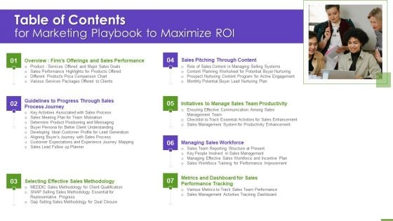 Table Of Contents For Marketing Playbook To Maximize Roi Elements PDF Table Of Contents For Marketing Playbook To Maximize Roi Elements PDF
