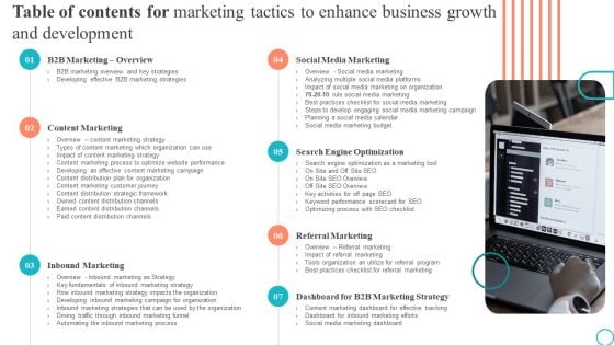 Table Of Contents For Marketing Tactics To Enhance Business Growth And Development Brochure PDF