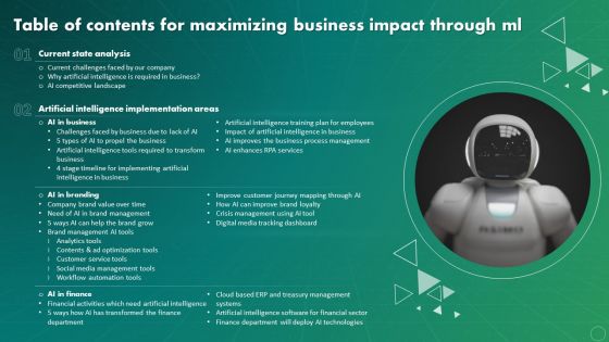 Table Of Contents For Maximizing Business Impact Through Ml Demonstration PDF