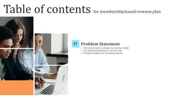 Table Of Contents For Membership Based Revenue Plan Slide Introduction PDF Table Of Contents For Membership Based Revenue Plan Slide Introduction PDF