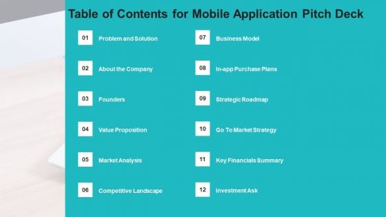 Table Of Contents For Mobile Application Pitch Deck Ppt Portfolio Slide PDF