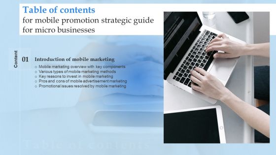 Table Of Contents For Mobile Promotion Strategic Guide For Micro Businesses Key Guidelines PDF