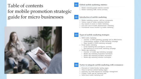 Table Of Contents For Mobile Promotion Strategic Guide For Micro Businesses Themes PDF