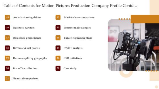 Table Of Contents For Motion Pictures Production Company Profile Pictures PDF