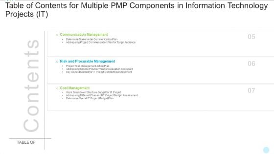 Table Of Contents For Multiple PMP Components In Information Technology Projects IT Risk Professional PDF