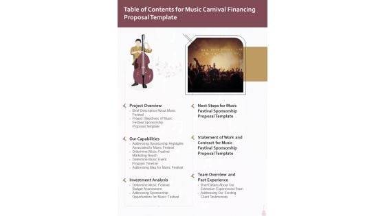 Table Of Contents For Music Carnival Financing Proposal Template One Pager Sample Example Document