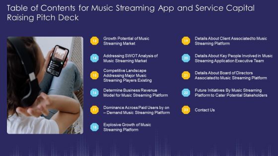 Table Of Contents For Music Streaming App And Service Capital Raising Pitch Deck Potential Ppt Summary Template PDF