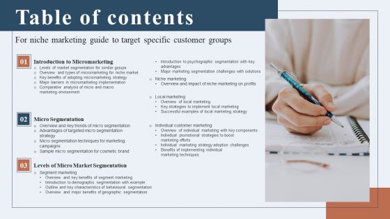 Table Of Contents For Niche Marketing Guide To Target Specific Customer Groups Icons PDF