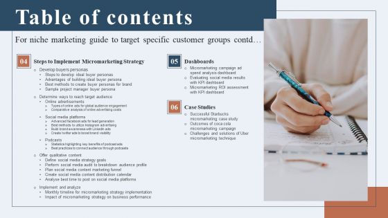 Table Of Contents For Niche Marketing Guide To Target Specific Customer Groups Icons PDF