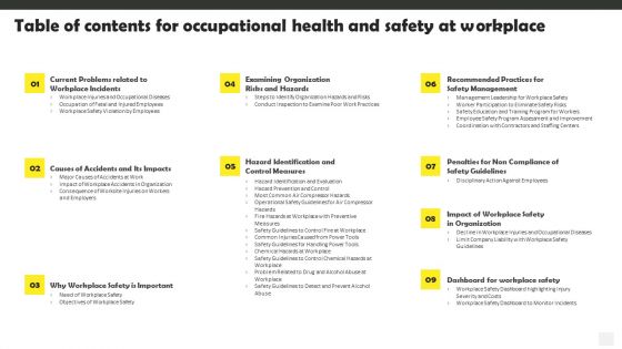 Table Of Contents For Occupational Health And Safety At Workplace Rules PDF