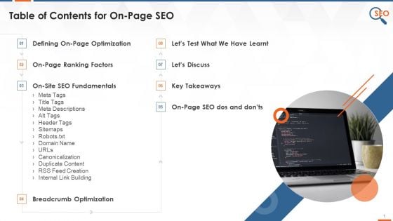 Table Of Contents For On Page SEO Strategies Training Ppt