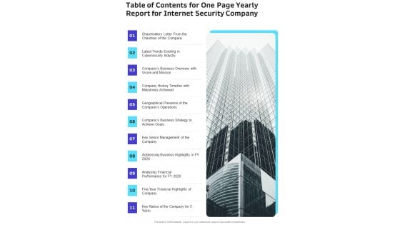 Table Of Contents For One Page Yearly Report For Internet Security Company One Pager Documents