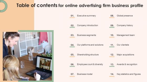 Table Of Contents For Online Advertising Firm Business Profile Brochure PDF Table Of Contents For Online Advertising Firm Business Profile Brochure PDF