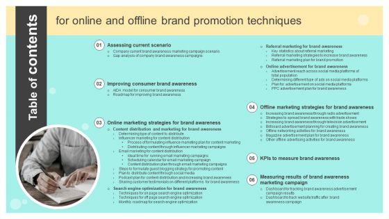 Table Of Contents For Online And Offline Brand Promotion Techniques Portrait PDF