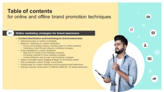 Table Of Contents For Online And Offline Brand Promotion Techniques Slide Diagrams PDF