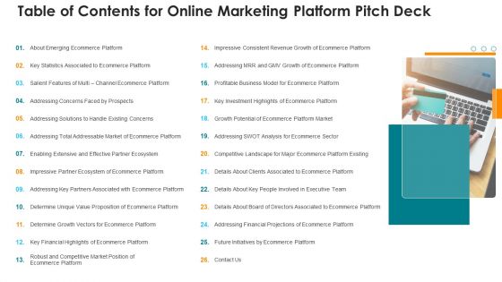 Table Of Contents For Online Marketing Platform Pitch Deck Ppt Background PDF