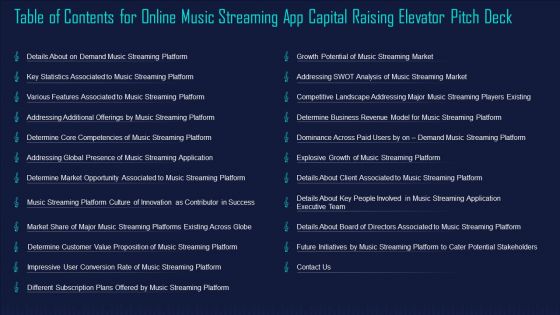 Table Of Contents For Online Music Streaming App Capital Raising Elevator Pitch Deck Pictures PDF