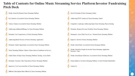 Table Of Contents For Online Music Streaming Service Platform Investor Fundraising Pitch Deck Microsoft PDF