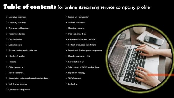 Table Of Contents For Online Streaming Service Company Profile Microsoft PDF