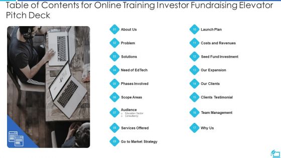 Table Of Contents For Online Training Investor Fundraising Elevator Pitch Deck Portrait PDF