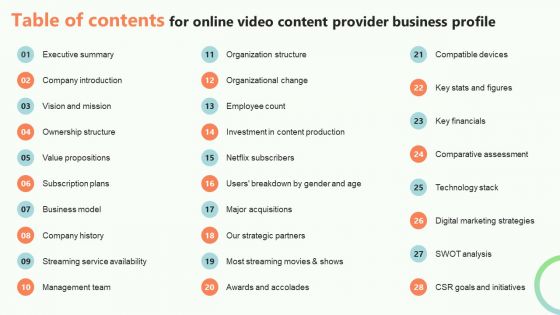 Table Of Contents For Online Video Content Provider Business Profile Professional PDF Table Of Contents For Online Video Content Provider Business Profile Professional PDF