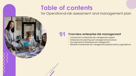 Table Of Contents For Operational Risk Assessment And Management Plan Slide Template PDF