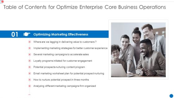 Table Of Contents For Optimize Enterprise Core Business Operations Formats PDF