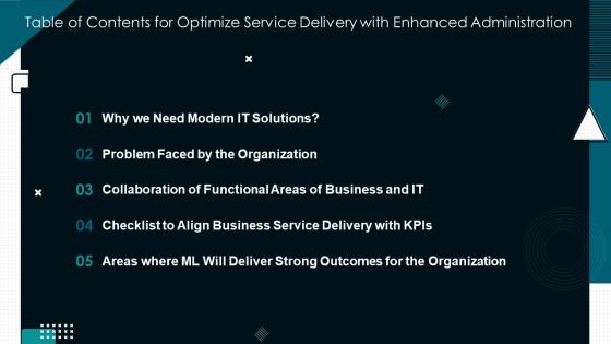 Table Of Contents For Optimize Service Delivery With Enhanced Administration Slide Guidelines PDF