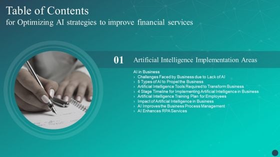 Table Of Contents For Optimizing AI Strategies To Improve Financial Services Propel Pictures PDF