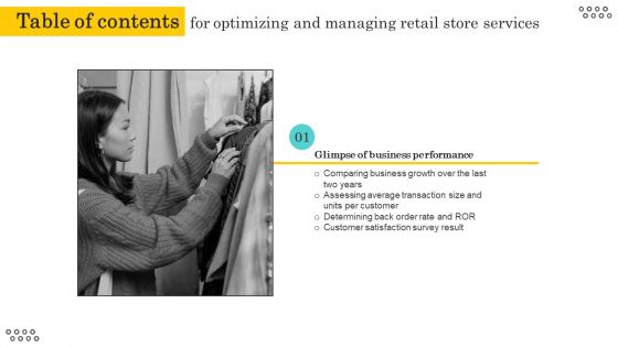 Table Of Contents For Optimizing And Managing Retail Ppt Summary Infographics PDF