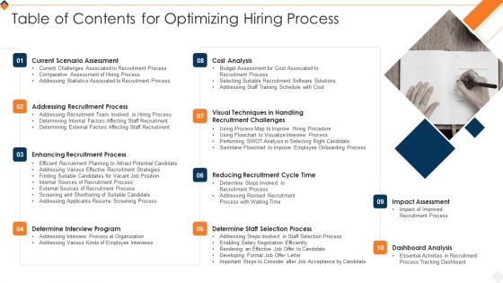 Table Of Contents For Optimizing Hiring Process Formats PDF