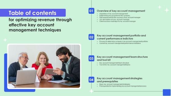 Table Of Contents For Optimizing Revenue Through Effective Key Account Management Techniques Professional PDF