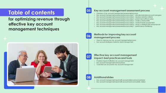 Table Of Contents For Optimizing Revenue Through Effective Key Account Management Techniques Professional PDF