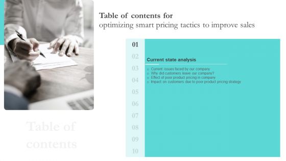 Table Of Contents For Optimizing Smart Pricing Tactics To Improve Sales Strategy Clipart PDF