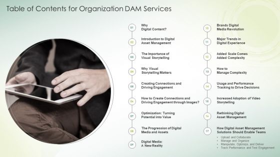Table Of Contents For Organization DAM Services Ppt PowerPoint Presentation Gallery Icon PDF