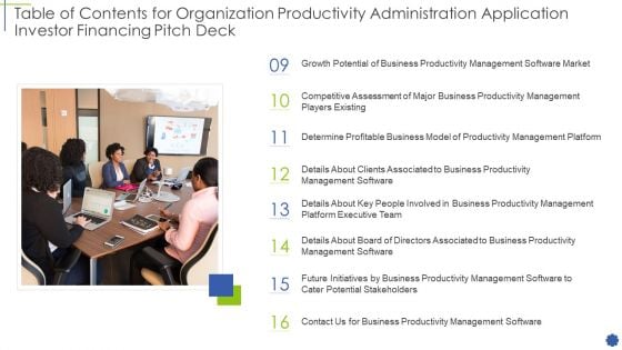 Table Of Contents For Organization Productivity Administration Application Investor Financing Market Ppt File Slide Download PDF