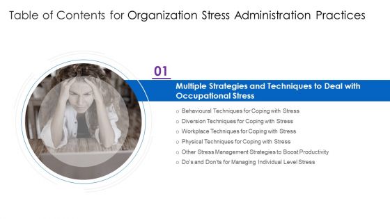 Table Of Contents For Organization Stress Administration Practices Slide Topics PDF