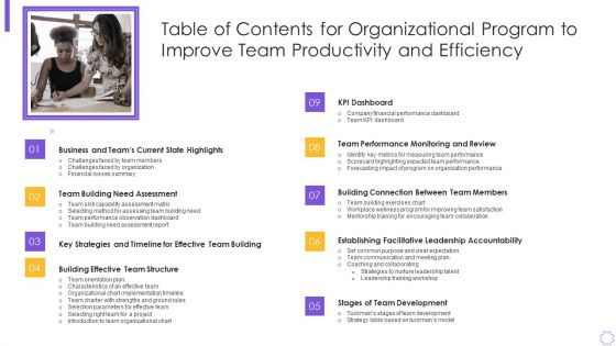 Table Of Contents For Organizational Program To Improve Team Productivity And Efficiency Inspiration PDF