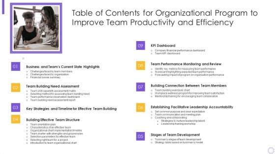 Table Of Contents For Organizational Program To Improve Team Productivity And Efficiency Inspiration PDF Table Of Contents For Organizational Program To Improve Team Productivity And Efficiency Inspiration PDF