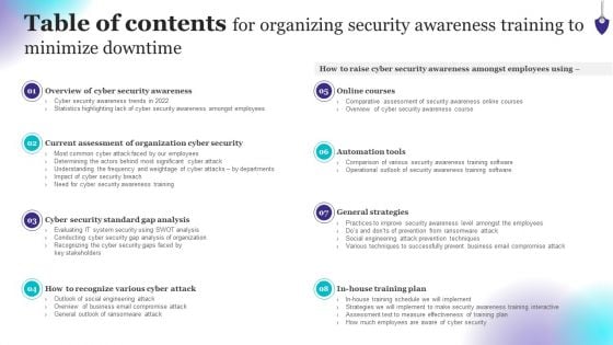 Table Of Contents For Organizing Security Awareness Training To Minimize Downtime Rules PDF