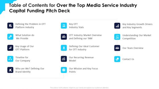 Table Of Contents For Over The Top Media Service Industry Capital Funding Pitch Deck Diagrams PDF