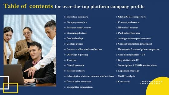 Table Of Contents For Over The Top Platform Company Profile Topics PDF