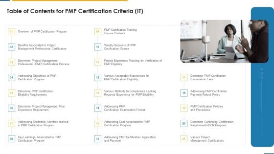 Table Of Contents For PMP Certification Criteria IT Ppt Slides Clipart Images PDF