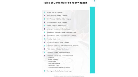 Table Of Contents For PR Yearly Report One Pager Documents