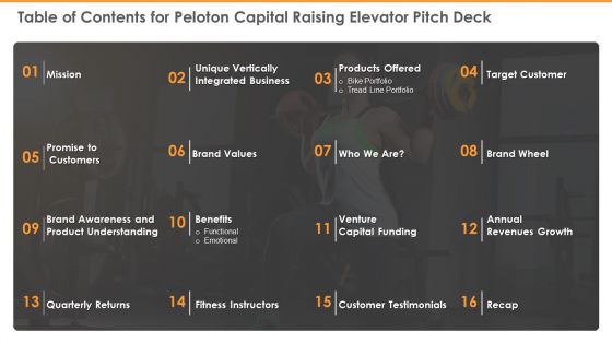 Table Of Contents For Peloton Capital Raising Elevator Pitch Deck Elements PDF