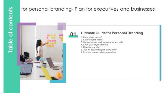 Table Of Contents For Personal Branding Plan For Executives And Businesses Designs PDF Table Of Contents For Personal Branding Plan For Executives And Businesses Designs PDF