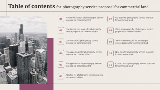 Table Of Contents For Photography Service Proposal For Commercial Land Elements PDF Table Of Contents For Photography Service Proposal For Commercial Land Elements PDF